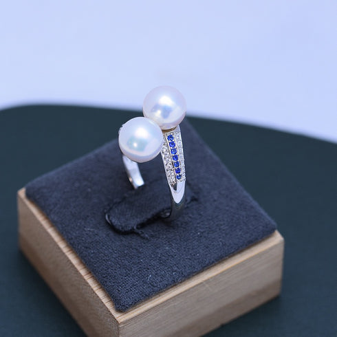 Dual Pearls Blue Zirconia Cross Ring - Sterling Silver